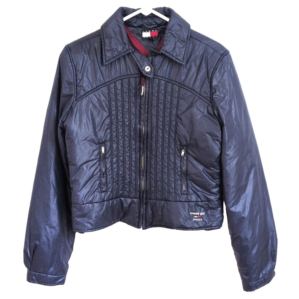 Tommy Hilfiger Vintage Navy/Red Quilted Jacket Cropped Y2K Girls L/Women's XS